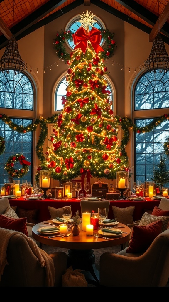 A festive Christmas party setup with a decorated tree, holiday table settings, and cozy seating.